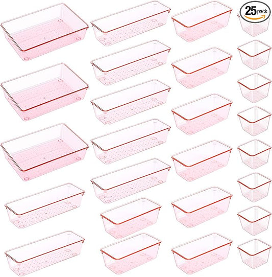25pcs Pink Plastic Drawer Organizer Set, Clear Stackable Drawer Organizer,Kitchen Drawers Dividers for Bathroom, Office, Kitchen Cabinets and Dressing Tables