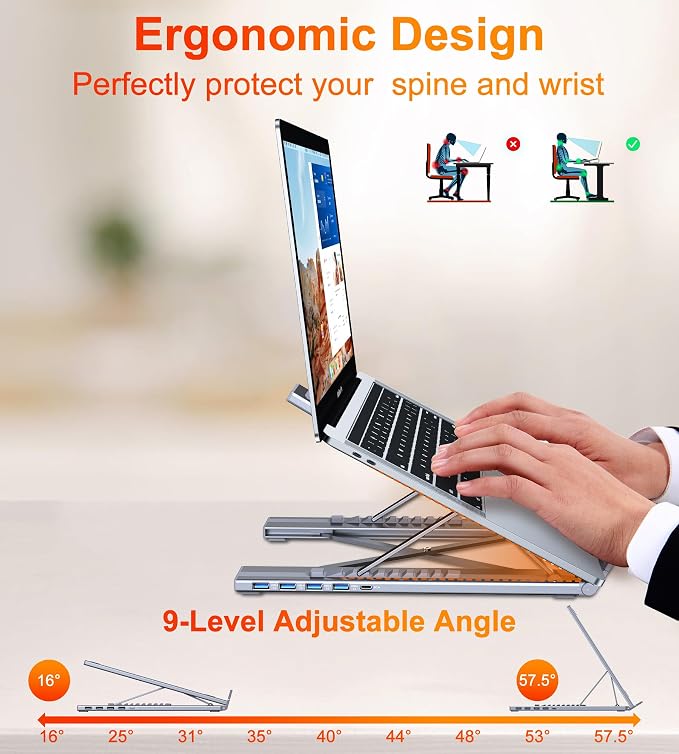5-in-1 USB C Hub Adjustable Aluminum Laptop Stand, 4-Port USB A 3.0 with 5Gbps Data Transfer USB C Hub Docking Station [Charging Not Supported] for MacBookPro/Air/Dell/HP/Lenovo