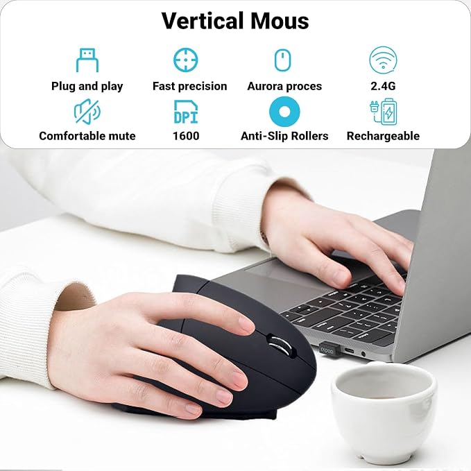 Vertical Mouse for Gaming and Work, 2.4G Wireless Lighted Mouse with Adjustable DPI, Battery Operated