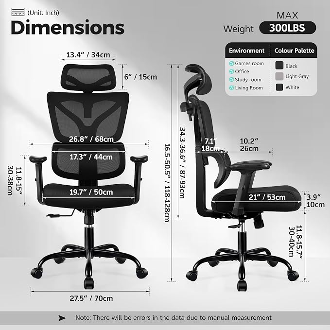 Ergonomic Office Chair High Back Desk Chair with Lumbar Support, Breathable Mesh Computer Chair with Adjustable Armrests Height, Reclining Big and Tall Gaming Chair for Home Office, (Black 2Pack