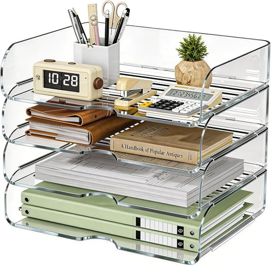 HIYOHIYO Clear Office A4 Paper Desk Organizer, Acrylic Desktop Organizer for A4 File Folder Stackable, Large Capacity Desk Letter Paper Holder, Organizer for Office File, 4 Tier Horizontal Style