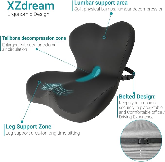 Memory Foam Seat Cushion,Office Chair Cushion with Lumbar Support for Back Pressure Relief, Car Seat Cushion with Adjustable Strap,Sciatica Pad Cushions for Car,Truck, Desk (D-Black)