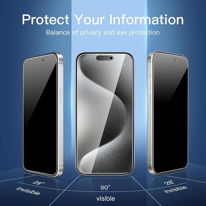 NEW'C 3x Privacy for iPhone 15 Pro Max Screen Protector (6.7 inches)+ 3x Camera Lens Protector, Sensor Protection, Case Friendly Tempered Glass Film + Dust Plug - Easy installation tool included