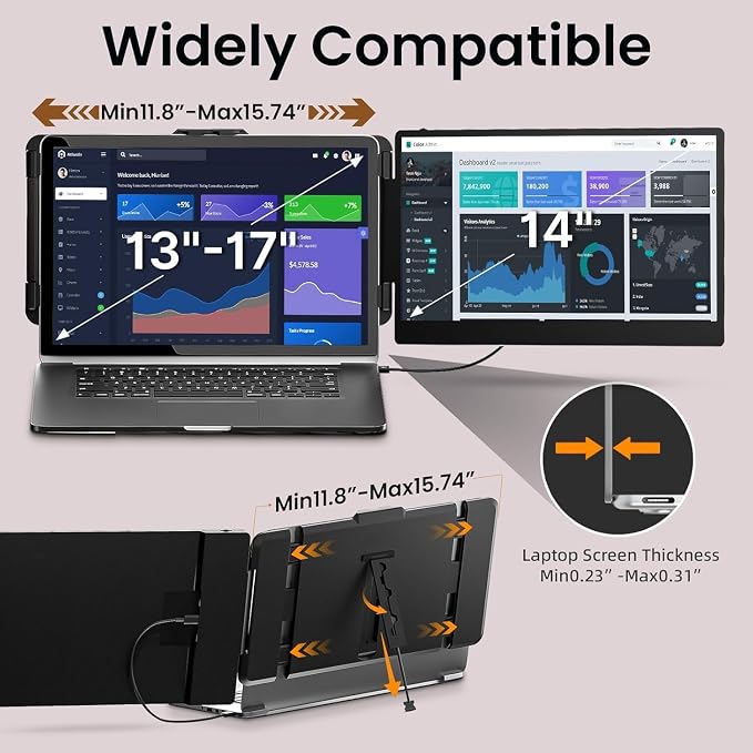 ROYY Laptop Screen Extender, 14" Portable Laptop Monitor FHD 1080P IPS, 180° Rotation Dual Screen, One Cable Plug & Play, Extra Compatible with Windows/Mac/Android/Switch/PS Fits 13"-17" Laptops