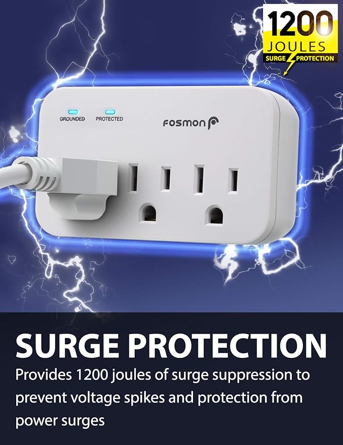 Fosmon Refrigerator Surge Protector, 3 Outlet Heavy Duty Appliance Surge Protector with High Joules for Fridge, Microwave, Washing Machine, Garage Door, 1200J, 1875 Watts, 3 Prong, ETL Listed- 2 Pack