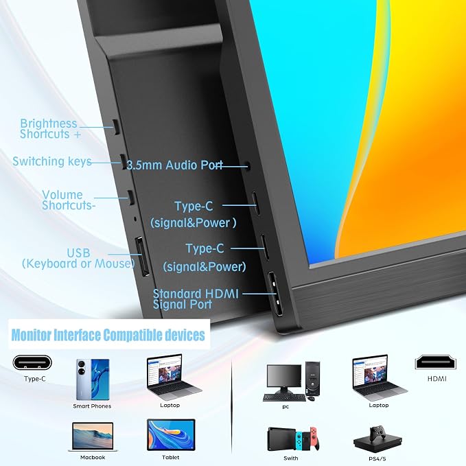 Kenowa Portable Monitor 13.3 Inch - HD 1366x768P LED Display External Monitor with USB C HDMI, Built-in Speakers Second Screen for Laptop Phone Mac PC PS4 Xbox