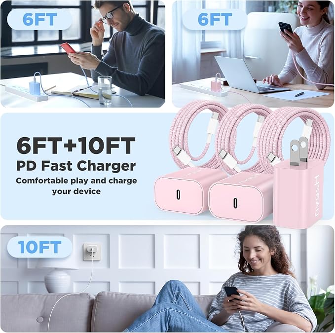 20W USB C Fast Charging for iPhone 17 Air/16/15 Pro Max,3Pack Colorful Mixed Charger Block with Braided Long USB C to C Cables (6/6/10ft) Compatible with iPhone16/15 Pro/15 Plus/iPad Pro