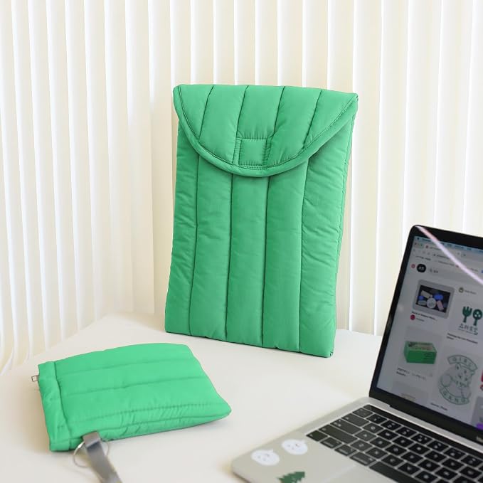 Puffy Laptop Sleeve Set 15-16 Inch Light Green, Protective Carrying Case with Data Cable Package, Cute Case Bag Compatible with 15 and 16 Inch Laptops, for MacBook Air M2 M1, Asus/Dell Xps/Lenovo
