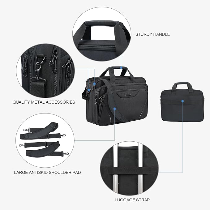 KROSER Laptop Bag Premium Laptop Briefcase Fits Up to 17.3 Inch Laptop Expandable Water-Repellent Shoulder Messenger Bag Computer Bag for Travel/Business/Men/Women-Black/Grey