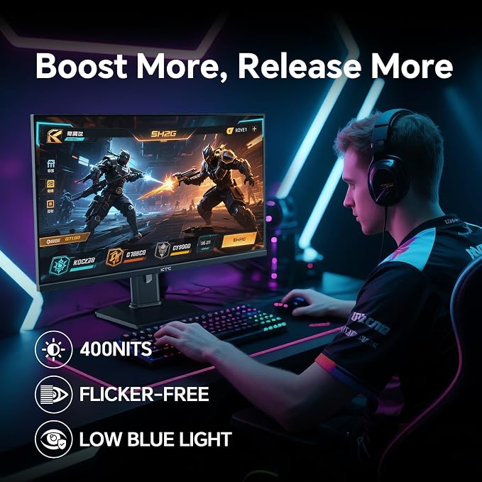 KTC 24 inch Gaming Monitor QHD 180Hz, Fast IPS 1440p Computer Monitor, Up to 185Hz, 1ms, G-Sync/FreeSync, HDR400, Height Adjustable, 2 x HDMI, 1 x DP H24T7