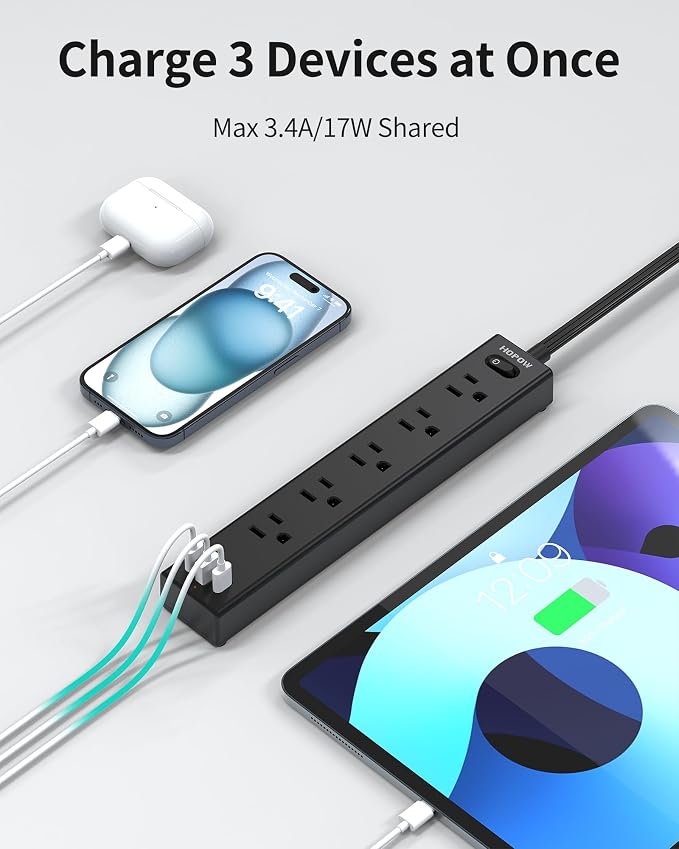 HOPOW Flat Plug Power Strip, 2 Pack, 6 Ft Ultra Thin Flat Extension Cord, Surge Protector with 5 Outlets & 3 USB Ports (2 USB C Slots), 1700 Joules, 3-Prong, Wall Mount for Home Office Dorm, Black