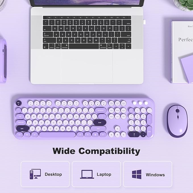 MOFII Wireless Keyboard and Mouse Combo, 2.4GHz Retro Typewriter Keyboard Full Size and Silent Mouse, 2-in-1 USB Receiver Plug and Play, for Laptop, PC, Desktop, Windows (Violet)