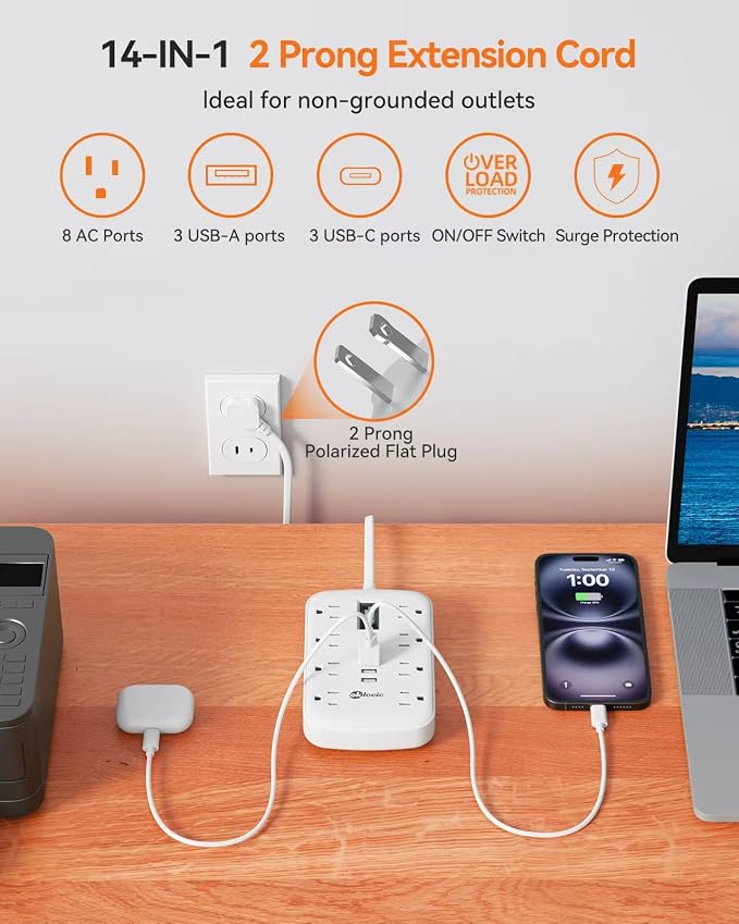 2 Prong Power Strip, 3 to 2 Prong Outlet Adapter, 1700J 2 Prong Surge Protector 5ft Extension Cord with Thin Flat Polarized Plug, 8 AC & 6 USB, Wall Mount for Non-Grounded Outlet, Ideal for Old House