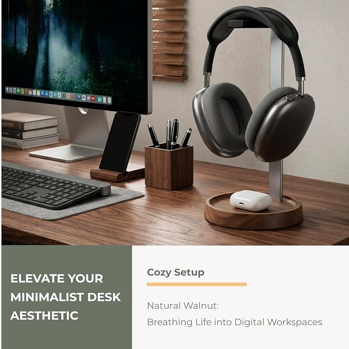 muso wood Walnut Headphone Stand, Universal Headset Stand with Storage Base, Wood Desktop Headphone Holder for Gaming Headset and Music Headset