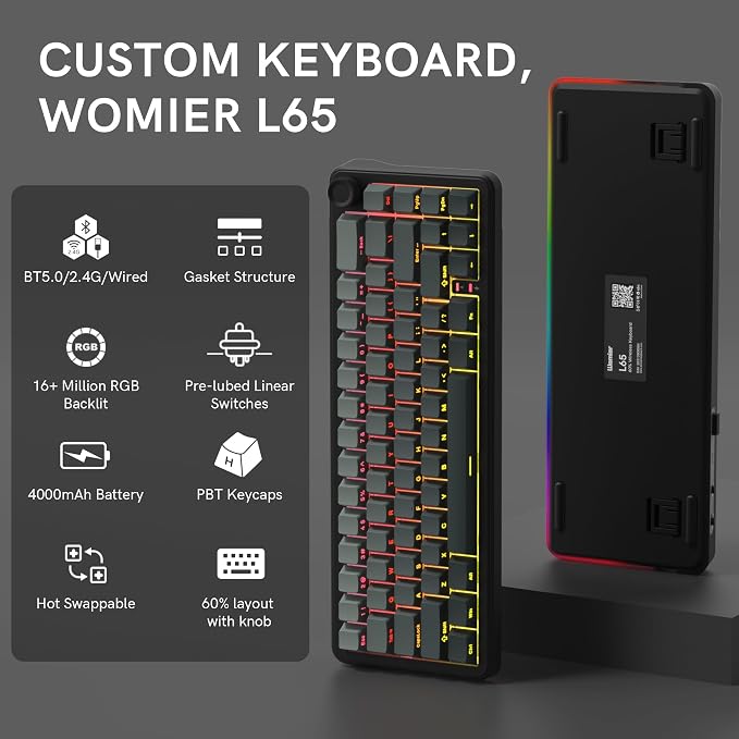 womier L65 60% Mechanical Keyboard Wireless with Knob, Black Gaming Keyboard 4000mAh Battery, Tri Mode USB-C/BT5.0/2.4G Gasket Mounted Key Board RGB Hot Swappable with Gradient keycaps-Linear Switch
