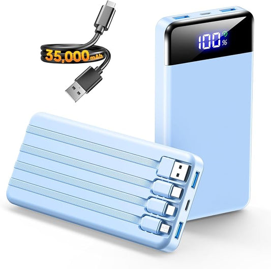 Portable Charger 35000mAh Power Bank - Powerbank with 4 Built in Cables, 22.5W Fast Charging Travel Camping Essential Battery Pack Compatible with iPhone 17 16 15 14 13 Samsung Google, 1 Pack, Azure