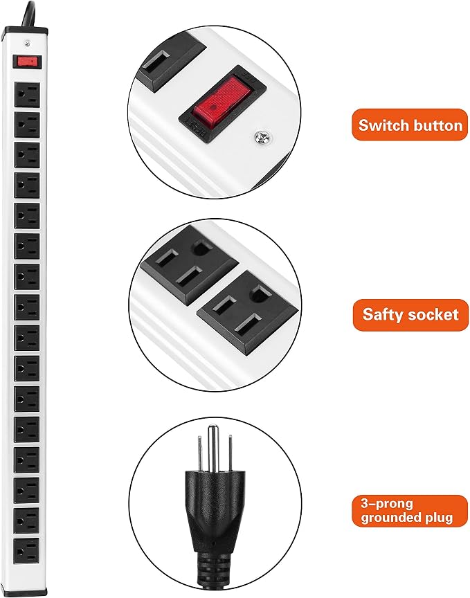 Oviitech 16 Outlets Heavy Duty Metal Socket Power Strip,15-Foot Long Extension Cord with Circuit Breaker. Mounting Brackets Included, Workshop/Industrial use, ETL Certified, Black