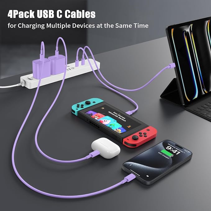 Essri USB C to USB C Cable 3FT for Apple iPhone 16 15 Charger Cord,4Pack 60W C to C Cable Fast Charging Wire for iPhone 16 15 Pro Plus Pro Max iPad Pro/Air MacBook Pro/Air,for Galaxy S24 S23 -Purple