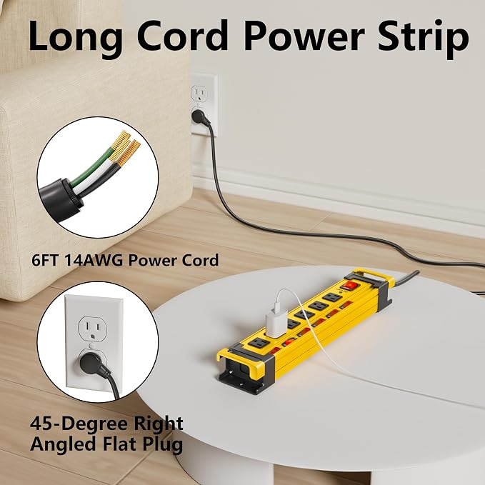 6 Outlet Heavy Duty 2700J Power Strip Surge Protector with Individual Switches Metal Mountable Power Strip with Flat Plug and Cord Manager, 6FT Long Extension Cord for Workshop, Workbench and Garage