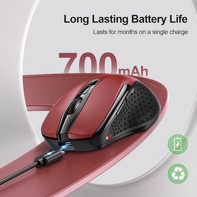 TECKNET Wireless Mouse Rechargeable, 2.4G USB-A Silent Mouse, Quiet Click, 6 Adjustable 4800 DPI, Cordless Computer Mice, Ergonomic Mice for Laptop, 6 Buttons for Chromebook, Ergo Grip - Red