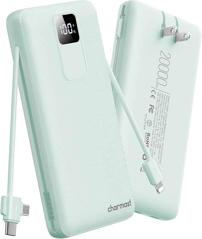 charmast Portable Charger with Built-in Wall Plug and Cables, 20000mAh Power Bank Travel Essentials, 20W Fast Charging Battery Pack Compatible with iPhone 17/16/15/14/13/12/11, Samsung, Android