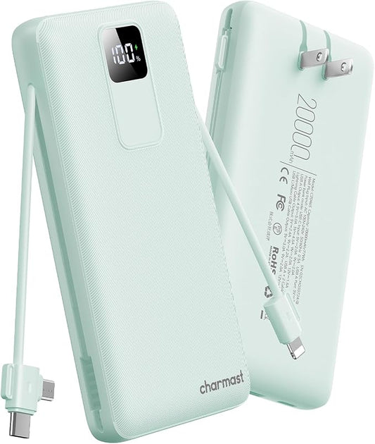 charmast Portable Charger with Built-in Wall Plug and Cables, 20000mAh Power Bank Travel Essentials, 20W Fast Charging Battery Pack Compatible with iPhone 17/16/15/14/13/12/11, Samsung, Android