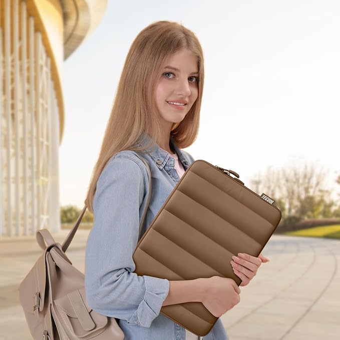 TECOOL Puffy Laptop Case 14 inch, Laptop Sleeve 14 inch for 14" Lenovo Thinkpad Ideapad HP EliteBook Pavilion Dell Chromebook, Protective Waterproof Sleeve 14 inch Computer Bag with Small Case,Brown