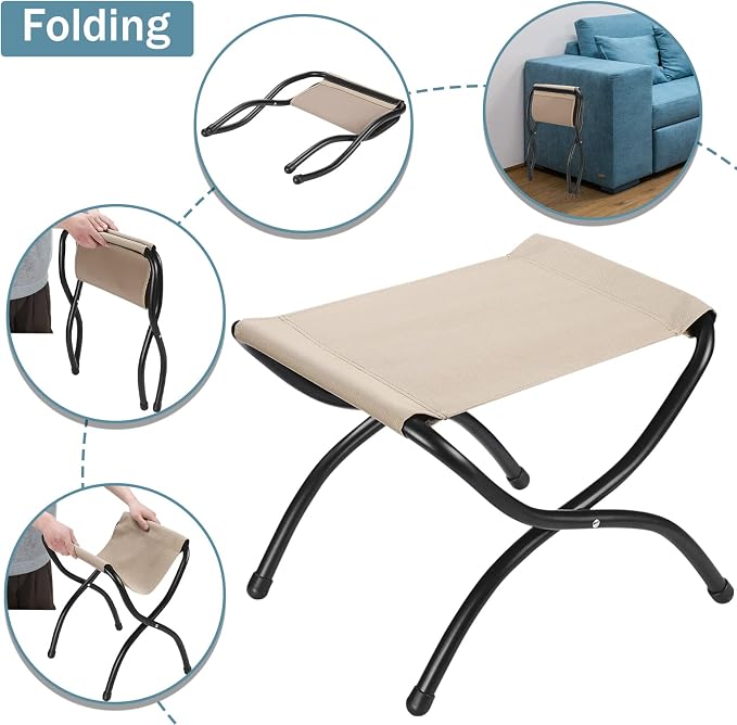15" Folding Foot Stool for Patio, Small Accent Outdoor Ottoman, Metal Frame Foldable Foot Rest, Upholstered Morden Folding Footstool for Home Living Room Bedroom Washable Sapphire