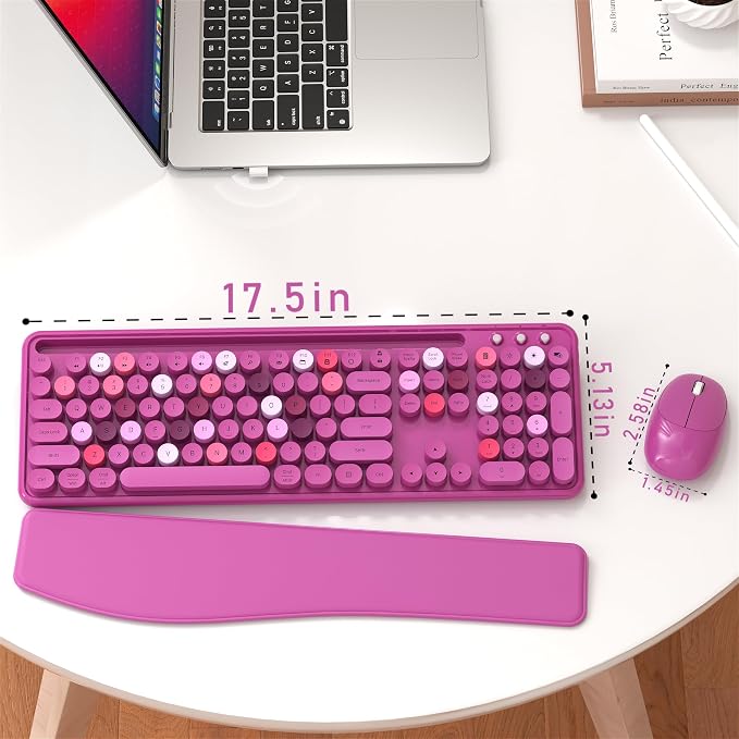 MPTOG Colorful Wireless Computer Keyboard and Mouse Combo with Phone Holder, Wrist Rest, Typewriter Keys, 2.4GHz Wireless, Full-Sized Optical Mouse for PC and Laptop (Rose-Red)