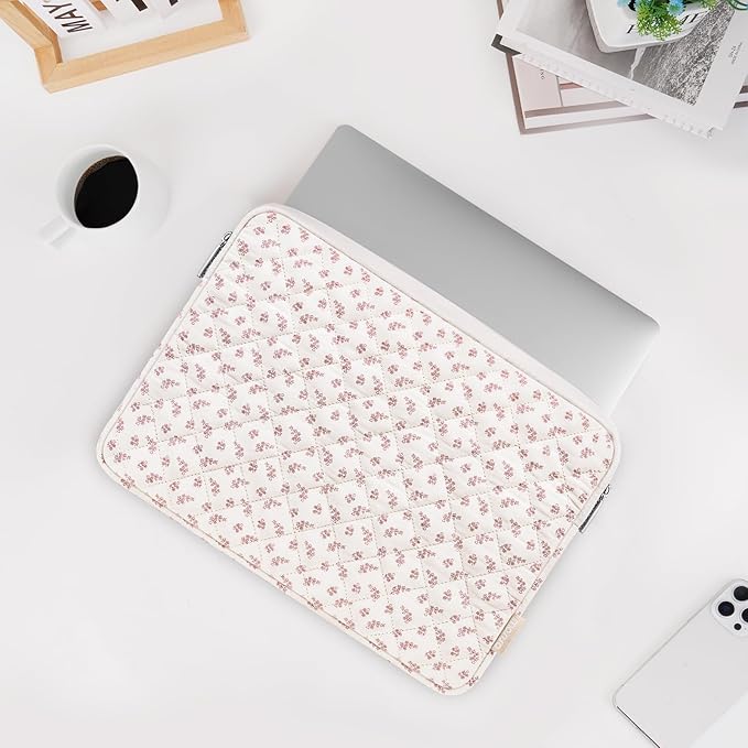 MOSISO Laptop Case 13.3 inch, 13-13.3 inch Puffy Laptop Sleeve Bag Compatible with MacBook Neo/Air 13.6/Pro 13/Pro 14, HP Dell ASUS Lenovo, Elegant Little Blossom Square Quilted Bag&Small Case, Pink