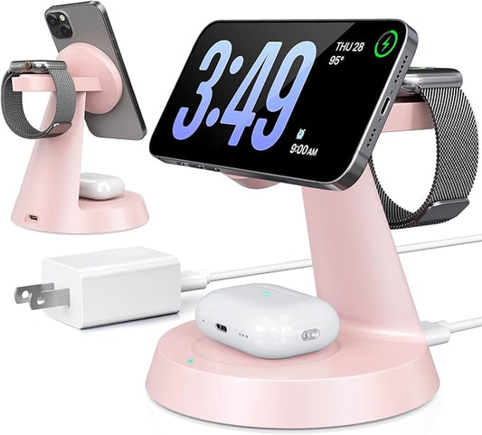Charging Station 3 in 1 Wireless Charger for Apple Devices, 15W MagSafe Stand Compatible with iPhone 17 16 15 14 13 12 Pro Max Plus, Charging Dock for AirPods 4 3 2 & iWatch Series (Pink)