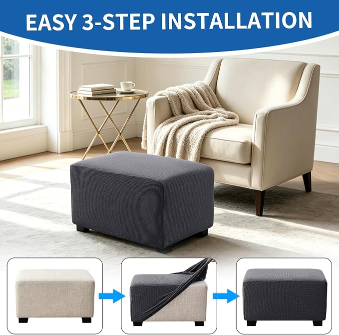 Ottoman Covers Ottoman Slipcovers Folding Storage Stool Washable Furniture Protector,Elastic Foot Stool Foot Rest Protector for Living Room Bedroom,Large,Dark Gray