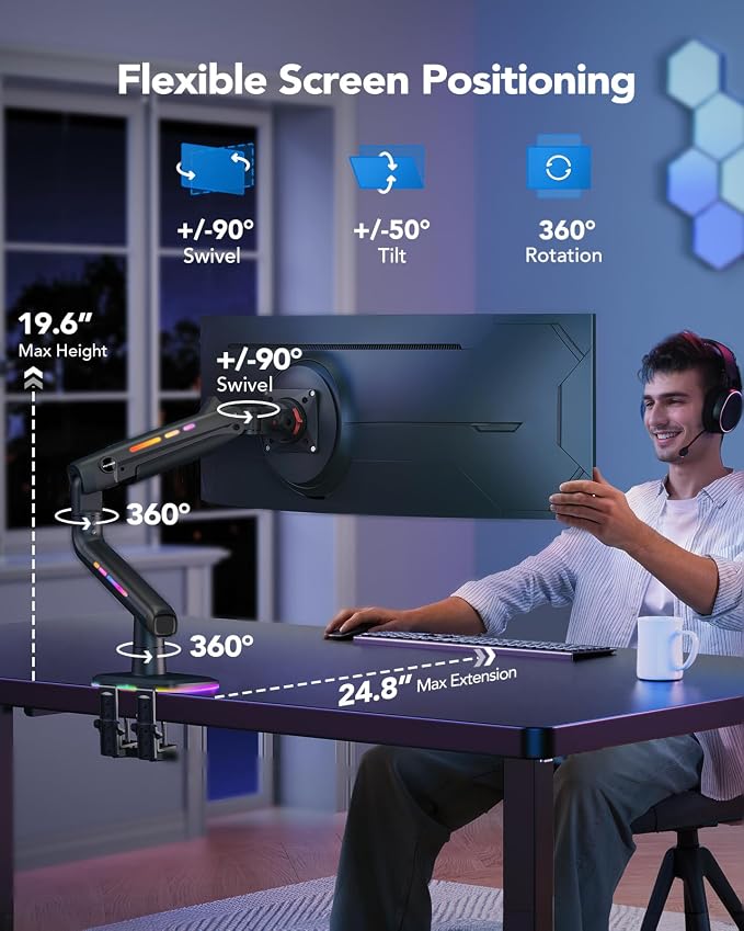 HUANUO 45 inch Monitor Arm, Heavy Duty Single Monitor Mount Holds 44 lbs for Ultrawide/Curved/Gaming Screen, Fully Adjustable with C-Clamp & Grommet Base, Max VESA 100x100mm, RGB