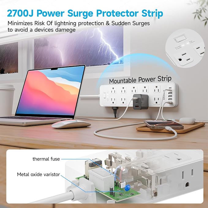 20 Outlet Power Strip with USB C,6Ft Extension Cord with Multiple Outlets, 2700 Joules Surge Protector,1875W/15A, ETL Listed for Home Office Dorm Gaming (White, 6FT)