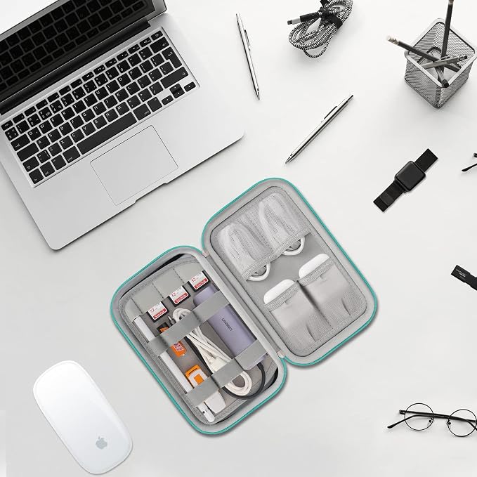 Elonbo Hard Travel Cords Organizer Universal Small Electronic Accessories Carrying Case for Chargers Cables MacBook Adapter Magic Mouse Apple Pencil USB Flash Disk Tech Portable Storage Bag,Turquoise
