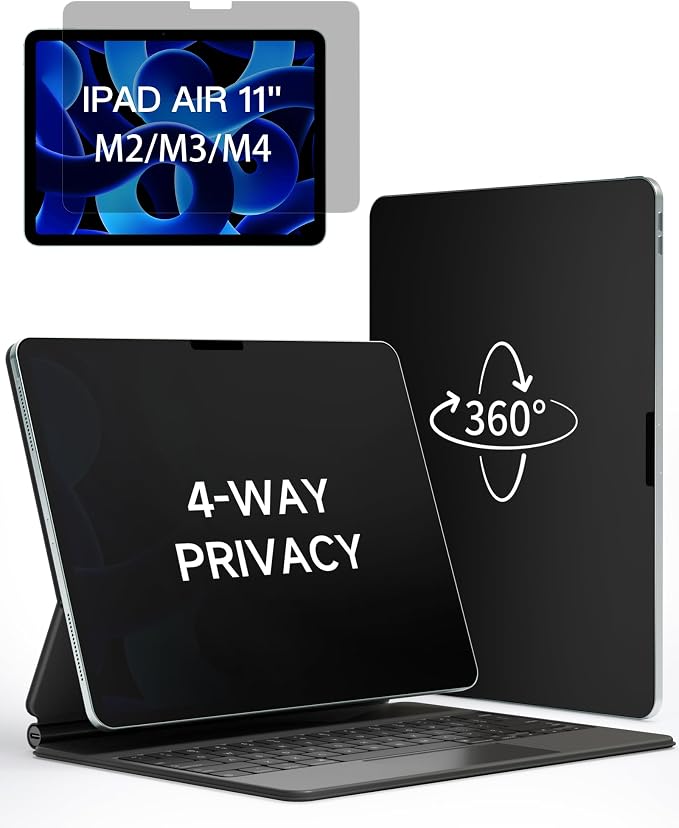 IPROKKO 360° Privacy Matte Screen Protector for iPad Air 11 inch M2/M3/M4 (2024/2025/2026 6th/7th/8th Generation),4-Way Anti Spy Glare Blue Light 11in Tablet Easy Install Screen Protector Filter [Compatible with Apple Pencil & Face ID, Case Friendly]