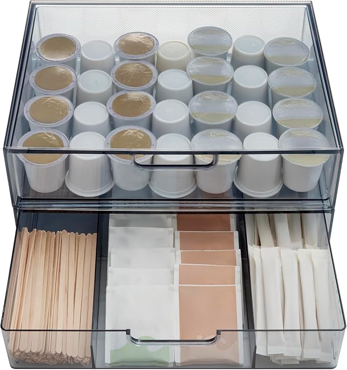STORi STAX Plastic Stackable Organizer Drawers (Set of 2) Classic Grey | 12.5" Wide | Set Includes One Open Drawer & One Divided Drawer | Organize Office Desk Accessories & Sort Paper | Made in USA