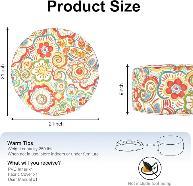 DYTXIII Inflatable Ottoman Stool D21 xH9 for Outdoor/Indoor Use, Water Repellent Patio Foot Rest Stool with Portable Handle,Round Pouf Ottoman Suitable for Garden,Deck and Camping - Flower Red