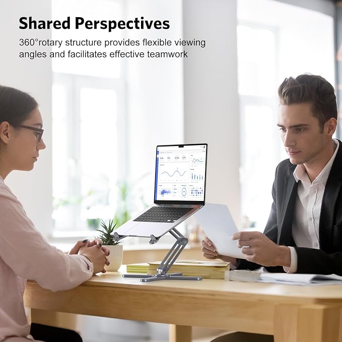 OMOTON 360° Rotating Laptop Stand Riser for Desk, Ergonomic Foldable Computer Stand Adjustable Height Angles for Collaborative Work, Easy Storage Fit Macbooks,All Laptops up to 16 inches, Space Grey