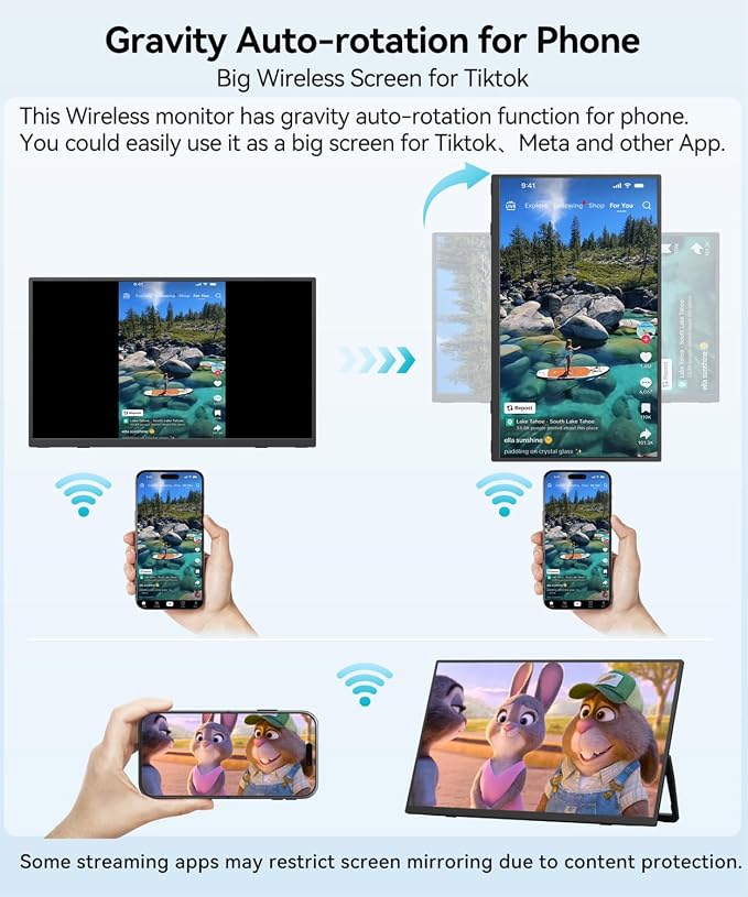 MAGICRAVEN Wireless Portable Monitor with Battery- 21.5" 1080P 100Hz IPS Second Screen for Office, AirPlay & Miracast Casting, Up to 3.5hrs Use, No Cables or Drivers Needed, Works with Laptop/PC/Phone