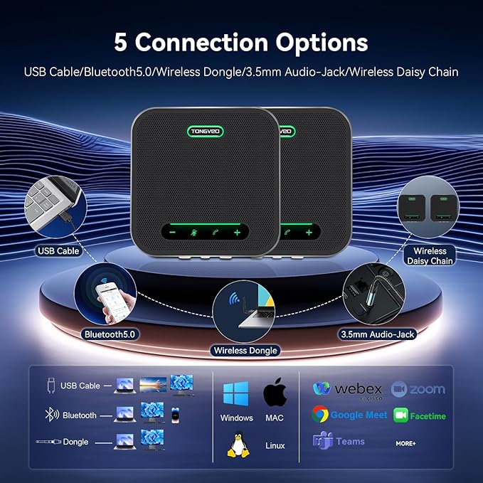 Wireless Conference Speaker and Microphone, 2-in-1 Daisy Chain Bluetooth Speakerphone with 4 Mics Arrays and 360° Voice Pickup and Noise Reduction,Bluetooth/USB/Dongle connection Methods for 30 People