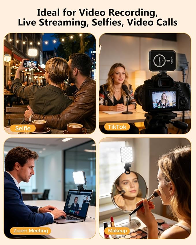 Magnetic Selfie Light for iPhone, Selfies Video Lighting, 6 Lighting Modes, 12 Brightness Levels, Clip, Magnetic or Camera Mount, Ideal for TikTok, Zoom, Makeup, Live Streaming