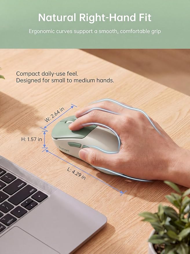 hunart H6 49g Wireless Mouse, Bluetooth & 2.4GHz Rechargeable Mouse, Lightweight Silent Ergonomic Mouse with USB-C Charging, Portable Right-Hand Office Mouse for Laptop, PC, MacBook, Tablet - Green