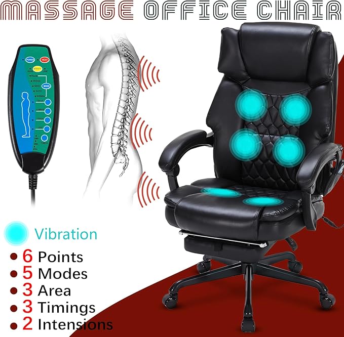 Massage Office Chair with Foot Rest 6 Points Vibration and Heat Home Office Desk Chairs for Heavy People 400lbs Reclining Managerial Chairs Ergonomic Executive Chair (Black)
