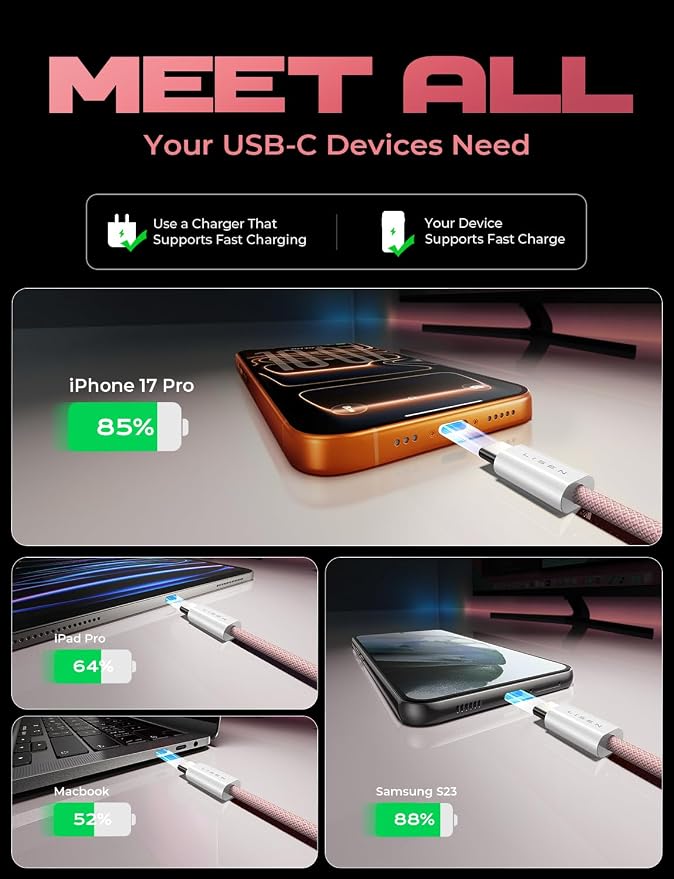 LISEN USB C to USB C Cable, 5-Pack [3.3/3.3/6.6/6.6/10FT] Pink for iPhone 17 Charger Cord, 60W C to C Cable Fast Charging for iPad, iPhone 17 Air 16 15 Pro Max, Samsung Z Flip 7/S25/S24