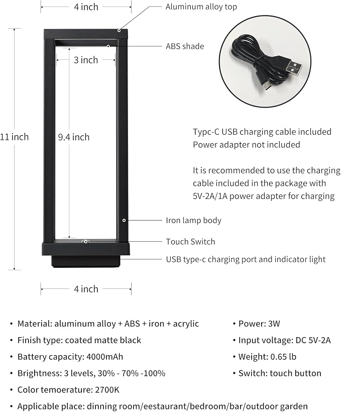 PUSU Cordless Waterproof Table Lamps, Black Outdoor Rechargeable 4000mAh Battery Operated Desk Lamp 2700K 3-Level Dimmable, Portable LED Lighting for Patio, Camping, Bedroom, Night Light