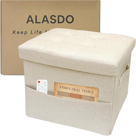 ALASDO Storage Ottoman Footrest Stool Small Ottoman with Storage Foldable Ottomans Foot Rest Footstool Bench for Living Room 17x13x13inches Beige