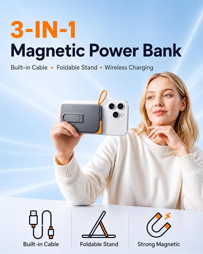 3-in-1 Magnetic Portable Charger with Stand, for Magsafe Power Bank Fast Charging, 10000mAh Wireless Battery Pack with Built in USB C Cable, Powerbank for iPhone17/16/15/14/13/12 Travel & Daily Use