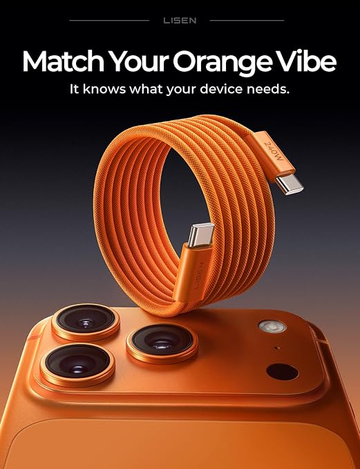 LISEN USB C to USB C Cable, 240W C to C Cable Fast Charging [10FT, 2 Pack] Type C Charger Fast Charging USBC to USBC Cable for iPhone 17 16 15 Pro Max iPad MacBook Neo Air Pro Samsung S26, Orange