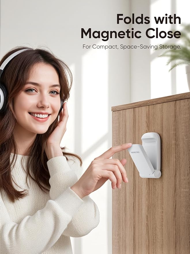 MAMUVIMO Headphone Stand, 2 Pack Headset Stand Foldable＆Sticky, Headphone Holder Hook Mount with Non-Slip Silicone, Adhesive Earphone Desk Hanger Clip Space-Saving for Airpods Max, All Earphones White